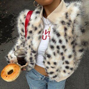 Khaki Casual Women's Leopard Animal Print Faux Fur Coat
